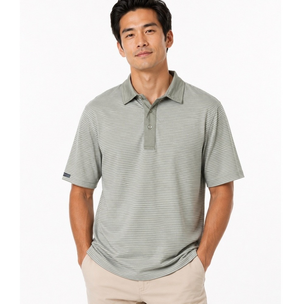 Straight Down | Mens Grey Striped Golf Polo Shirt Logo | Size Large